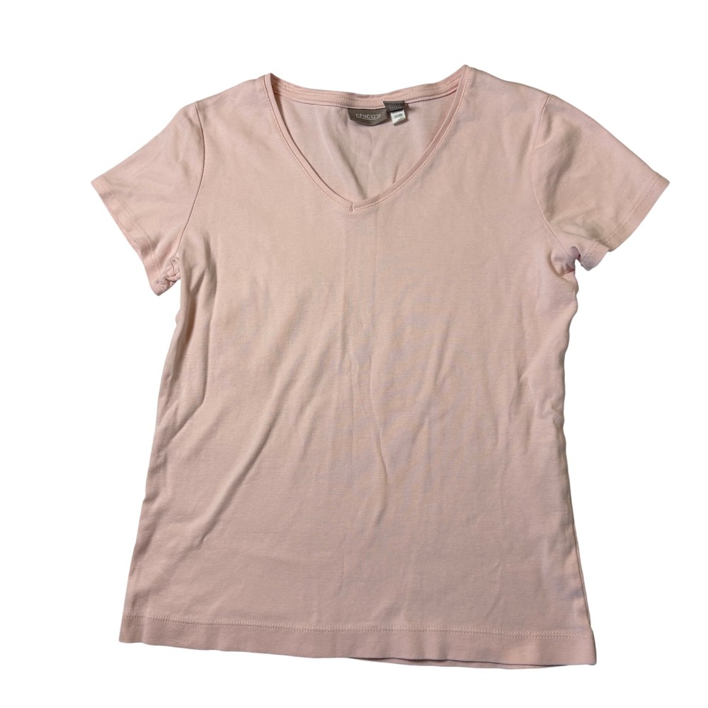 Chicos Womens V-Neck Short Sleeve 100% Cotton Tee Shirt Light Pink Size 0 Small‎